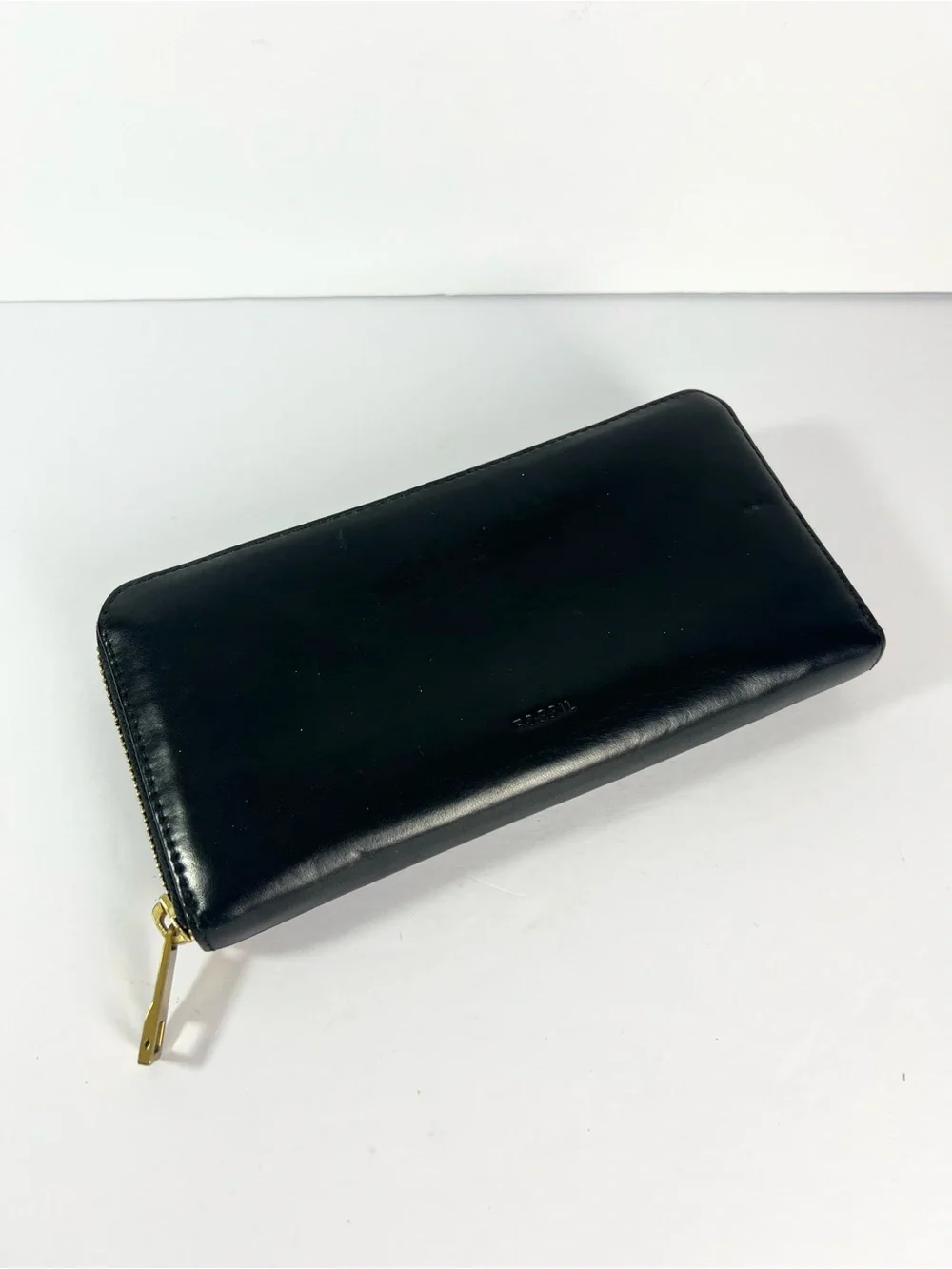 FOSSIL‎ Zip Around Accordion Clutch Wallet Black Vachetta Leather vintage